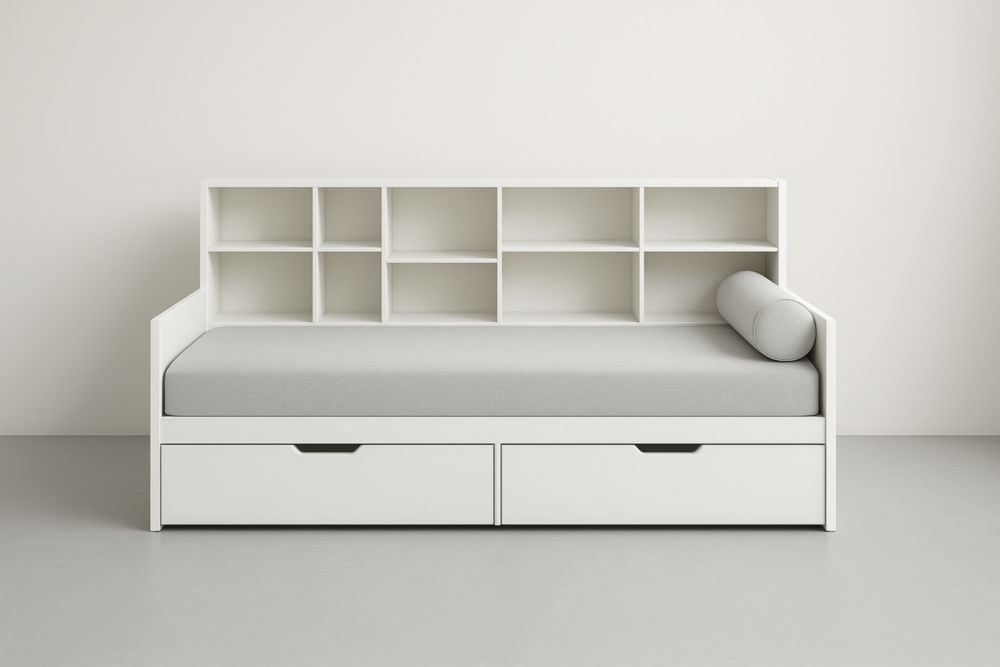 Divano Letto Singolo Bianco con Scaffale e Cassetti