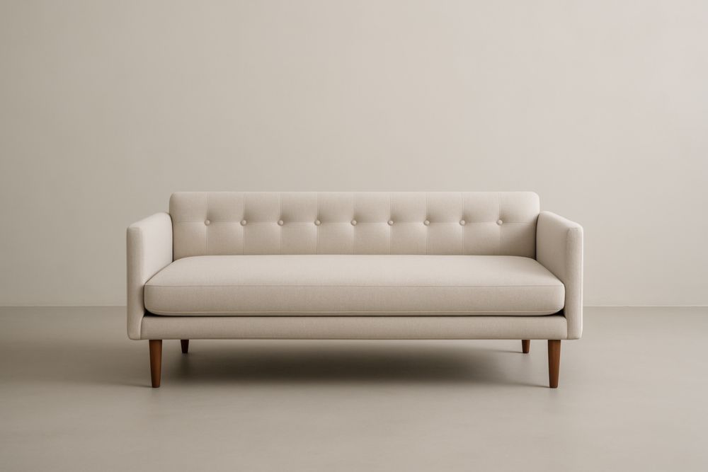 Divano in tessuto beige con gambe in legno massello