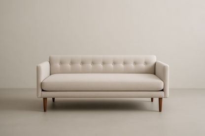 Divano in tessuto beige con gambe in legno massello