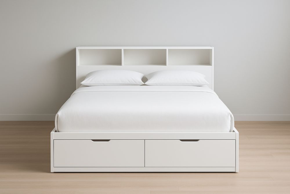 Letto matrimoniale in MDF bianco con testiera scaffale e cassetti 200x160x100 cm