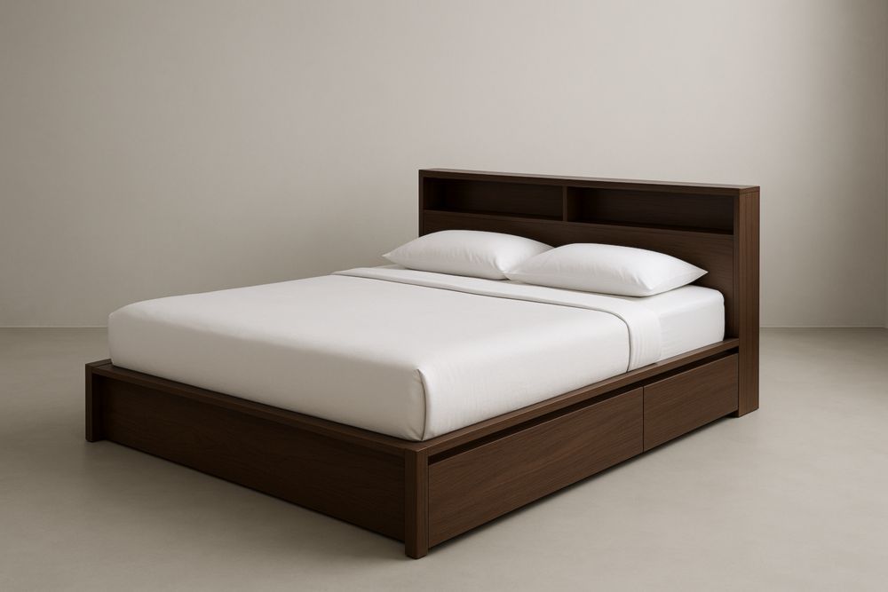 Letto matrimoniale in legno con cassetti e ripostiglio