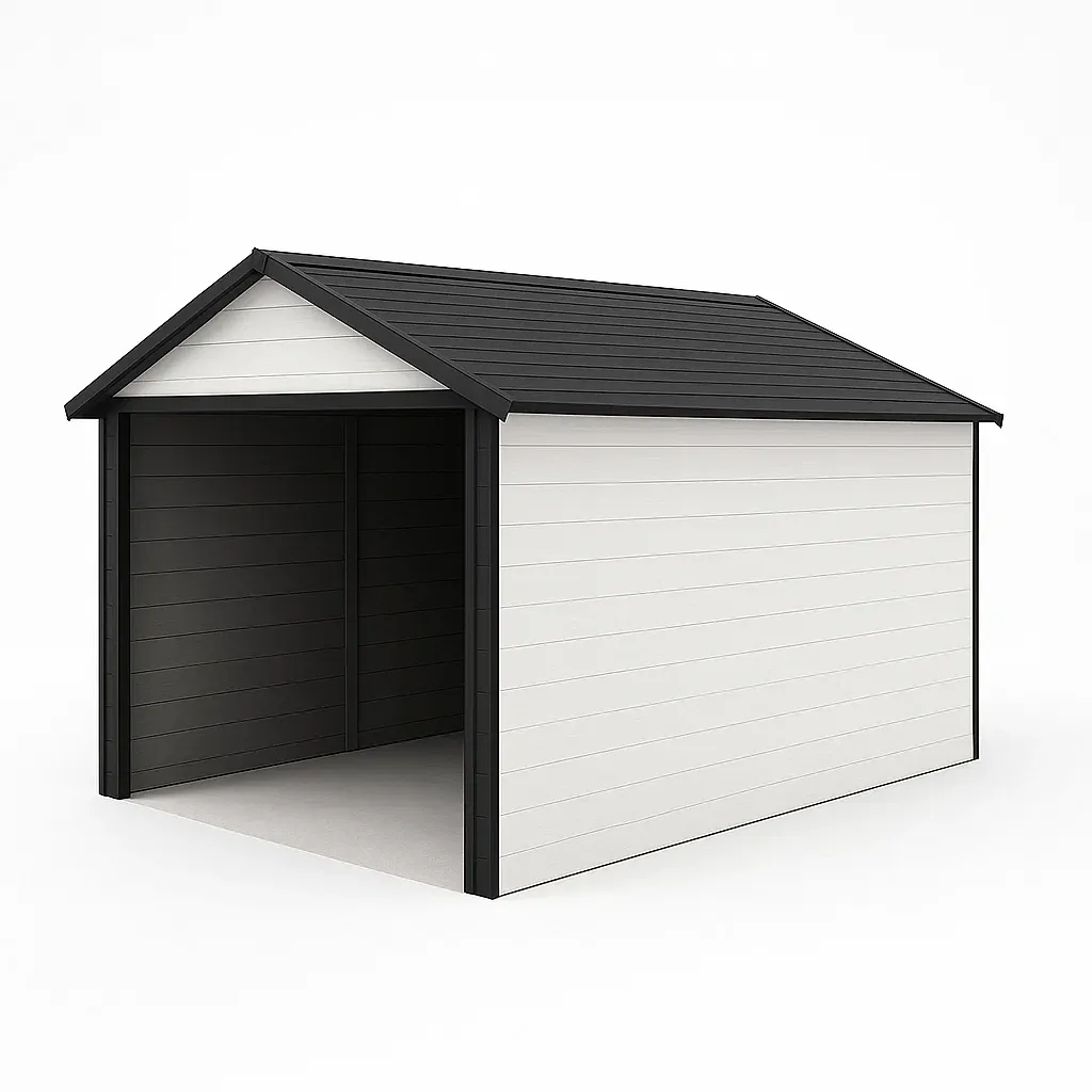 Garage in resina chiuso su tre lati con tetto a doppia falda-Pinevian