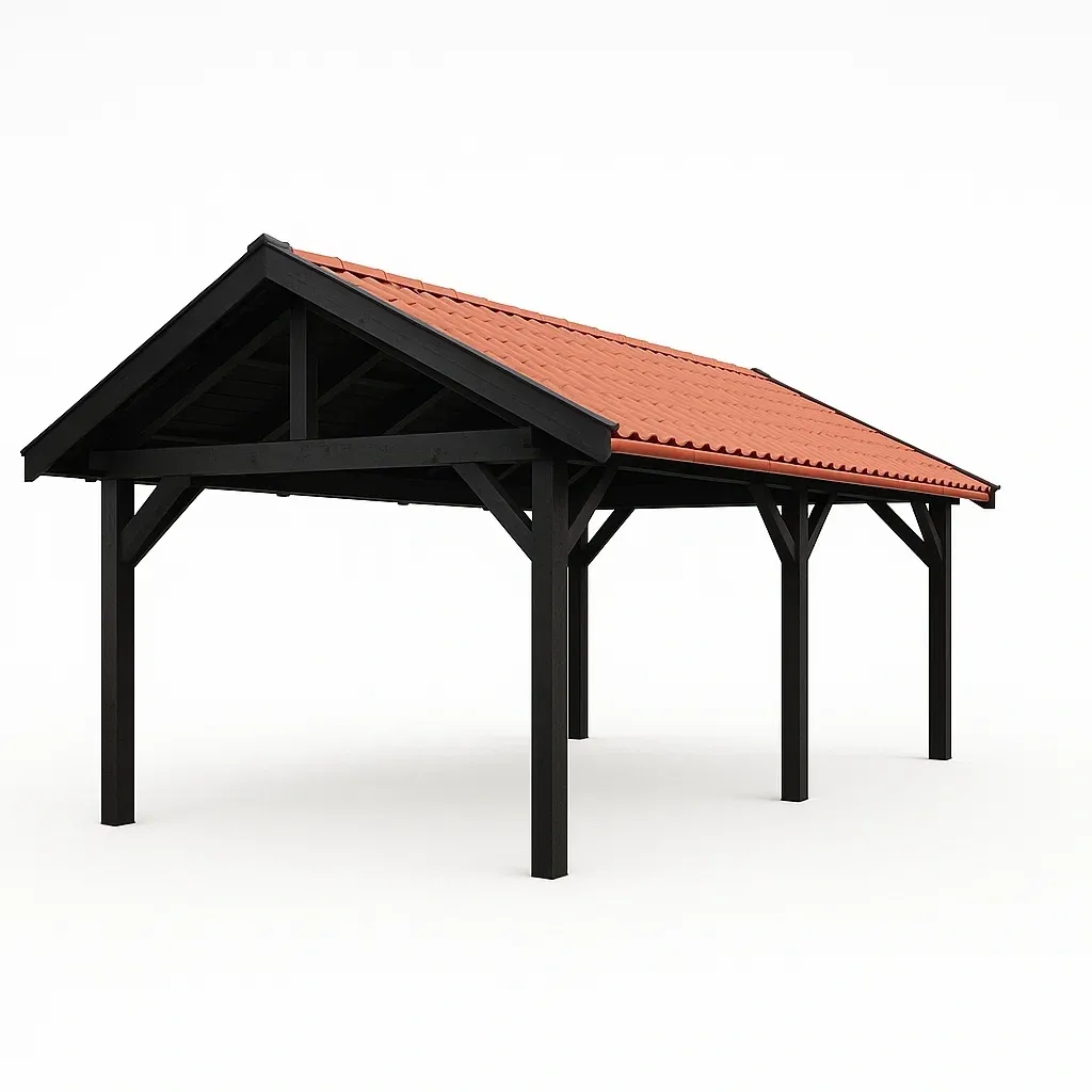 Tettoia per auto in struttura di legno con tetto in tegole-Pinevian