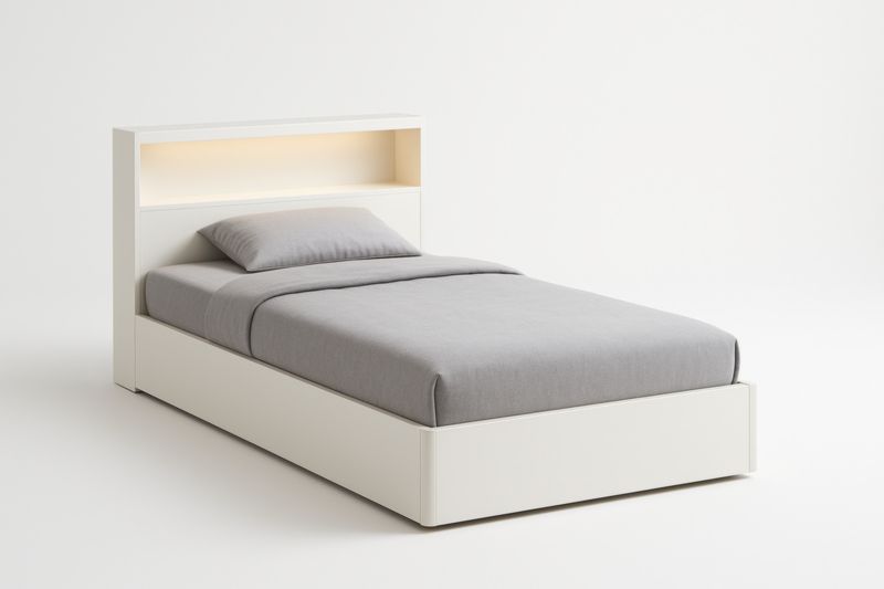 Letto singolo in MDF con testiera a scaffale illuminato e contenitore Bianco Grigio chiaro 200x100 cm-Moranilvo
