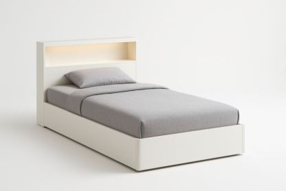 Letto singolo in MDF con testiera a scaffale illuminato e contenitore Bianco Grigio chiaro 200x100 cm-Moranilvo