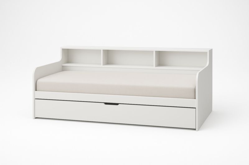 Letto Divano in Legno Bianco con Materasso e Cassetto a Scomparsa-Moranilvo