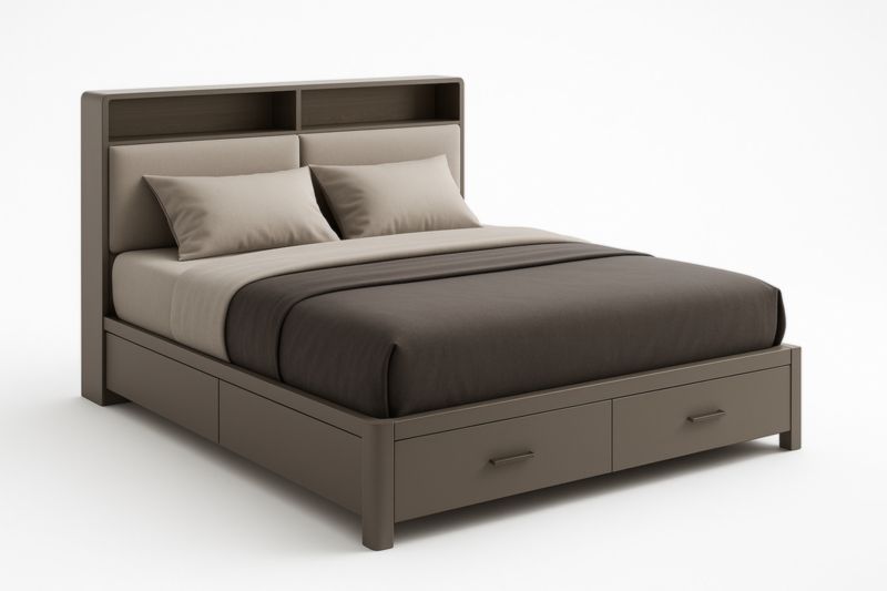 Letto matrimoniale in legno con cassetti e testiera imbottita marrone-Moranilvo