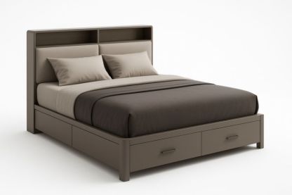 Letto matrimoniale in legno con cassetti e testiera imbottita marrone-Moranilvo