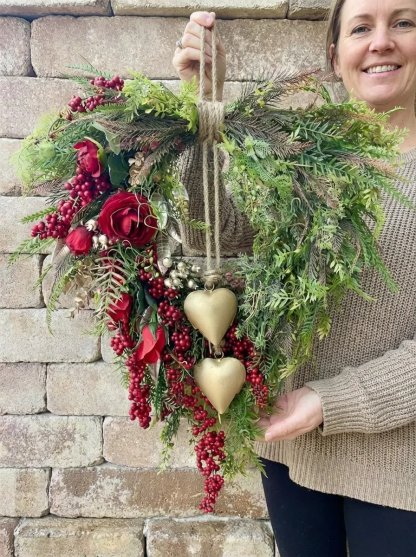 ❤️ Valentine’s Day Farmhouse Valentine Heart Wreath: Gold Bells, Red Roses & Berries🎉