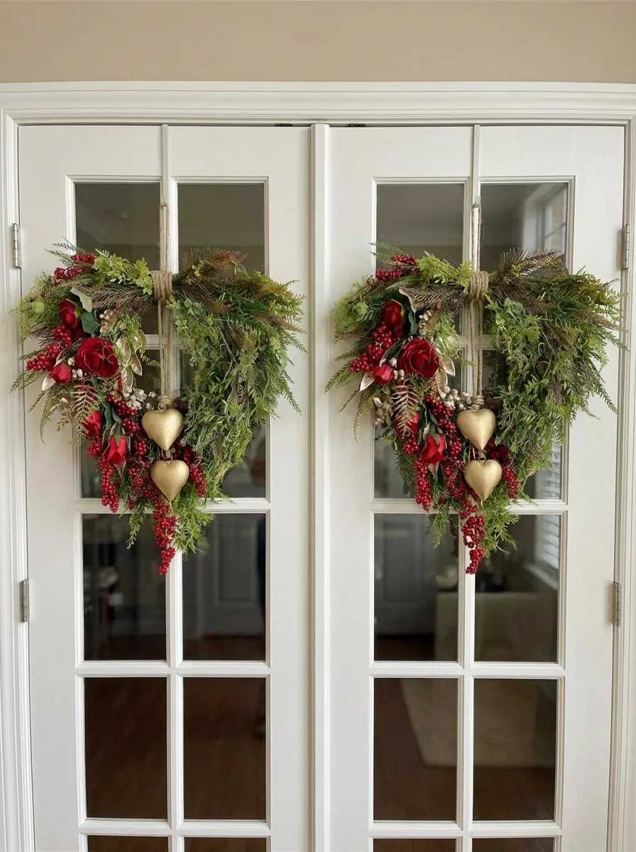 ❤️ Valentine’s Day Farmhouse Valentine Heart Wreath: Gold Bells, Red Roses & Berries🎉