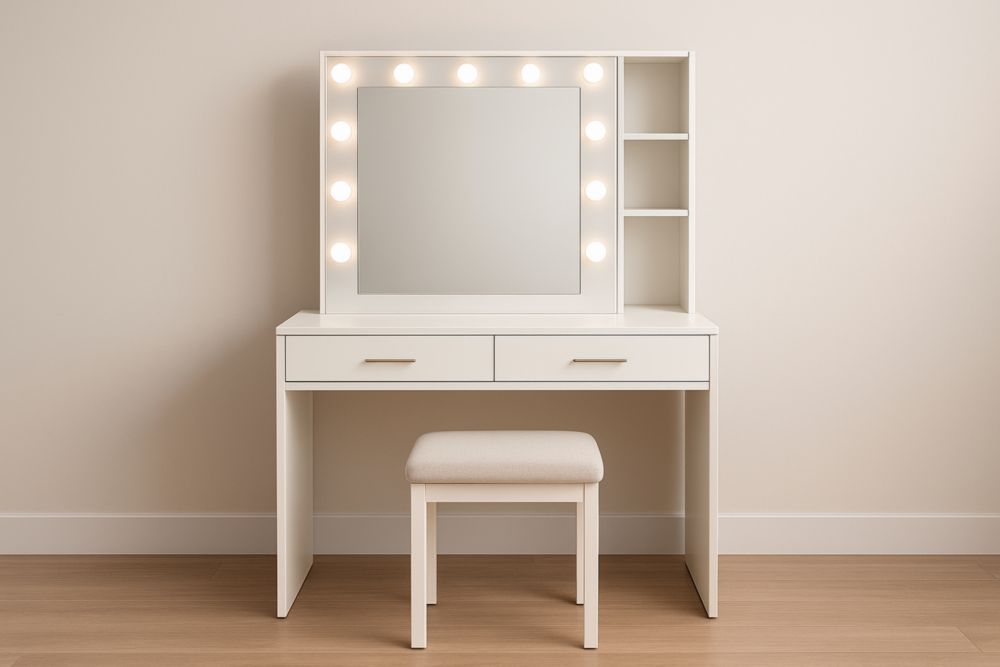 Tavolo da Trucco Bianco con Specchio Luminoso e Sgabello-Belonirta