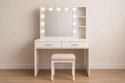 Tavolo da Trucco Bianco con Specchio Luminoso e Sgabello-Belonirta