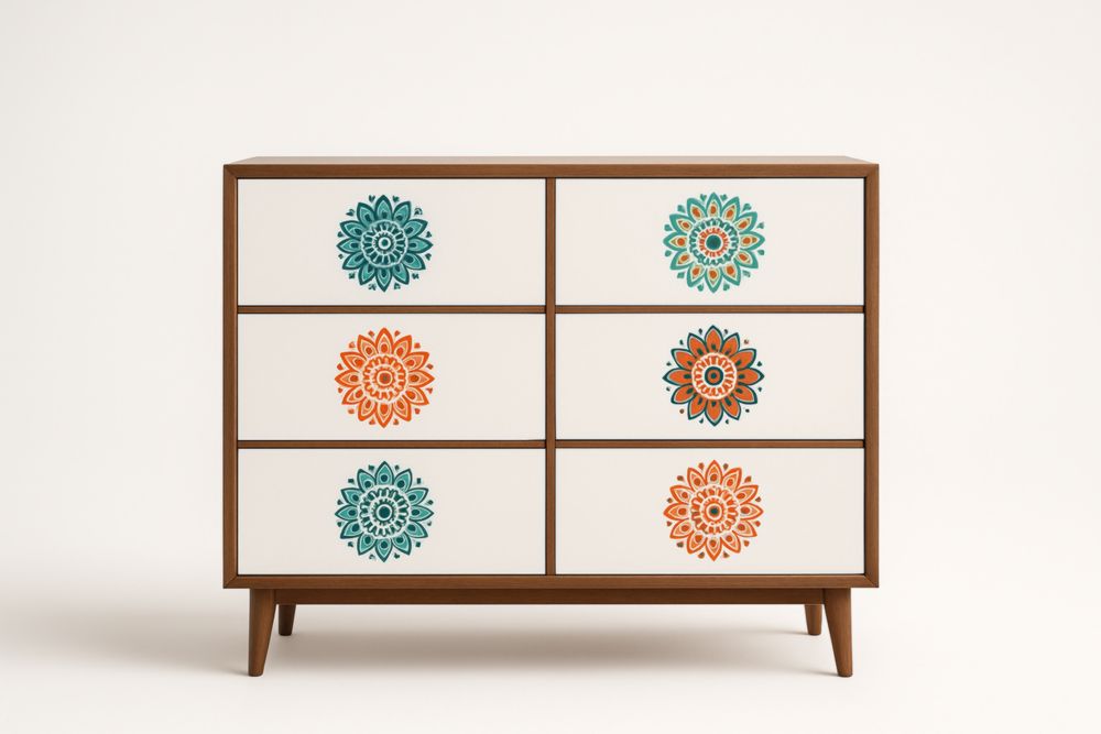 Mobile cassettiera in legno massello con cassetti in MDF decorati-Belonirta