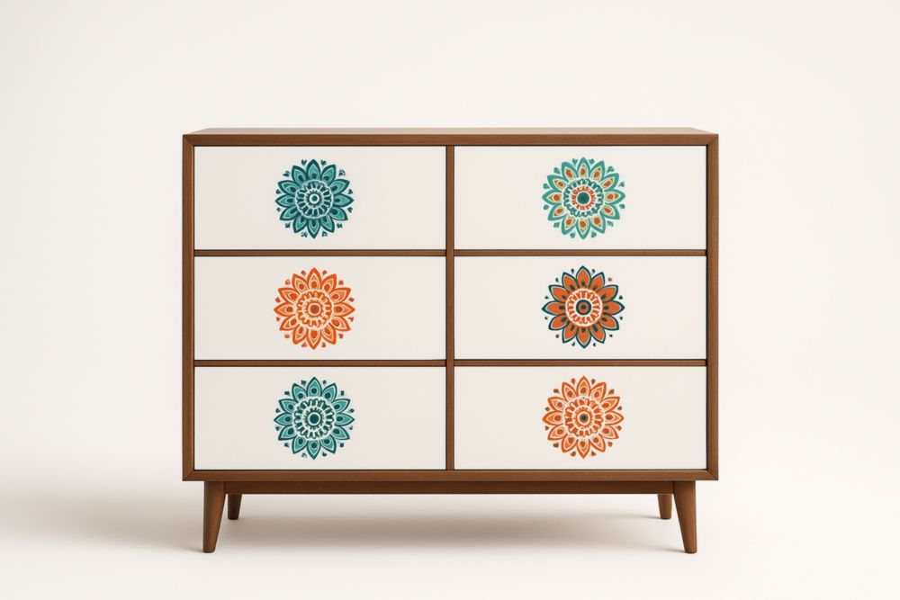 Mobile cassettiera in legno massello con cassetti in MDF decorati-Belonirta