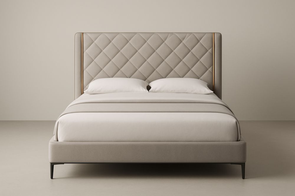 Letto matrimoniale imbottito con testiera trapuntata in tessuto beige 200x160x120 cm, senza biancheria da letto-Belonirta