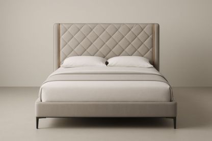 Letto matrimoniale imbottito con testiera trapuntata in tessuto beige 200x160x120 cm, senza biancheria da letto-Belonirta