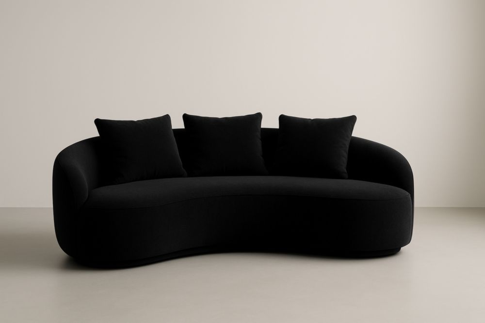 Divano Curvo in Tessuto Nero con 3 Cuscini-Belonirta