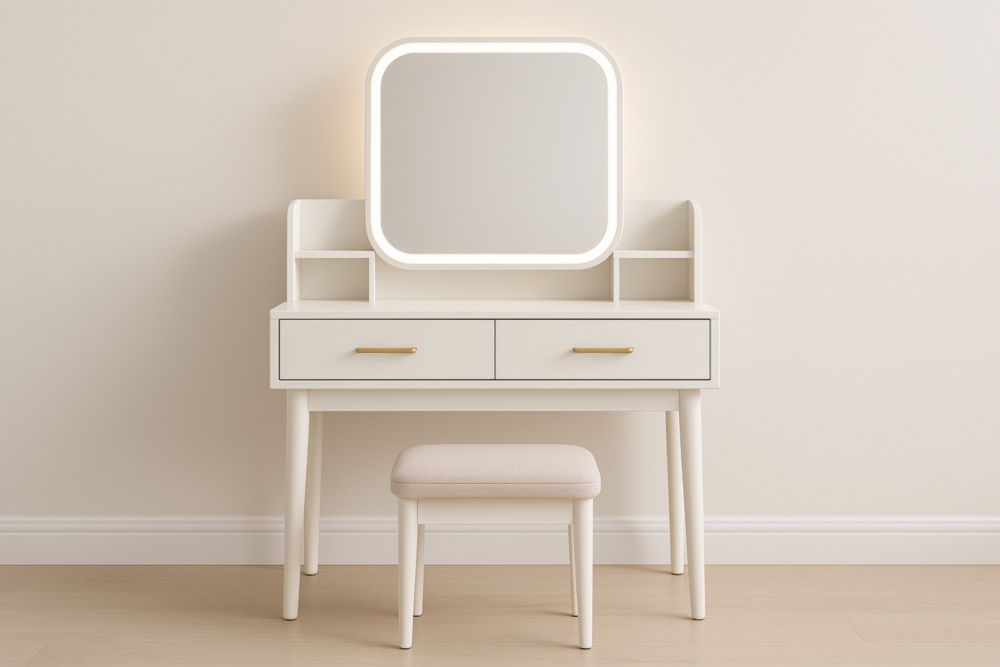 Tavolo da toeletta con specchio LED bianco e MDF con sgabello-Belonirta