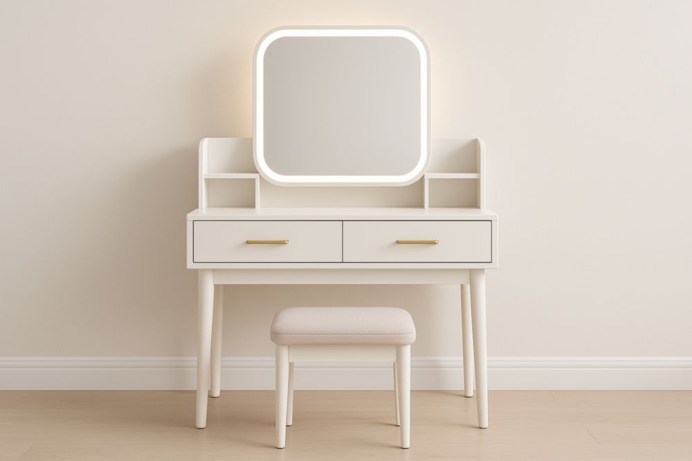 Tavolo da toeletta con specchio LED bianco e MDF con sgabello-Belonirta