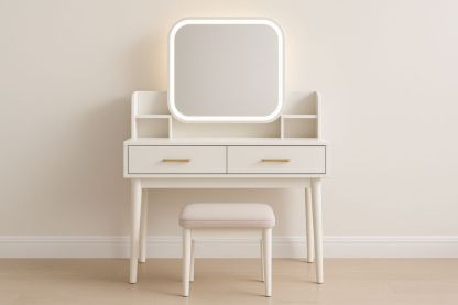 Tavolo da toeletta con specchio LED bianco e MDF con sgabello-Belonirta