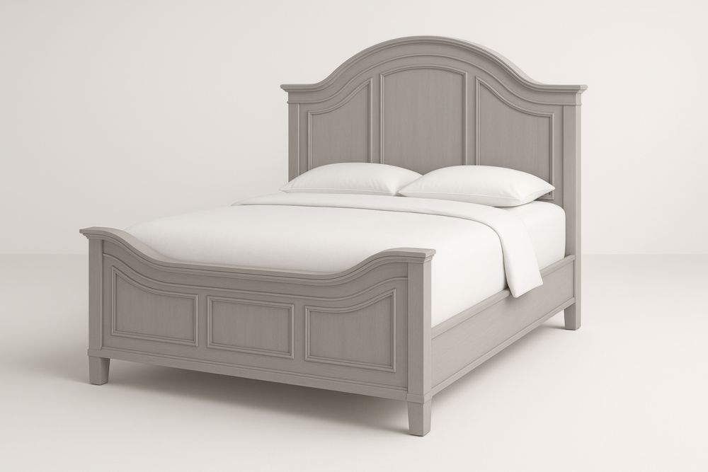 Letto matrimoniale in legno massello grigio con testiera e pediera arcuate, Con materasso, piumone e cuscini-Belonirta