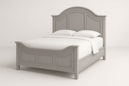 Letto matrimoniale in legno massello grigio con testiera e pediera arcuate, Con materasso, piumone e cuscini-Belonirta