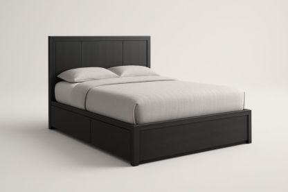 Letto matrimoniale in legno massello nero con contenitore, Con materasso, piumone e cuscini-Belonirta