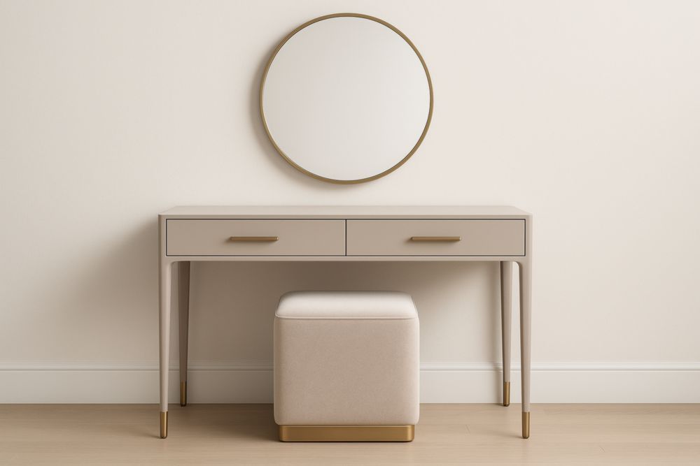 Tavolo da toeletta con specchio tondo in MDF beige 120x40x75 cm-Belonirta