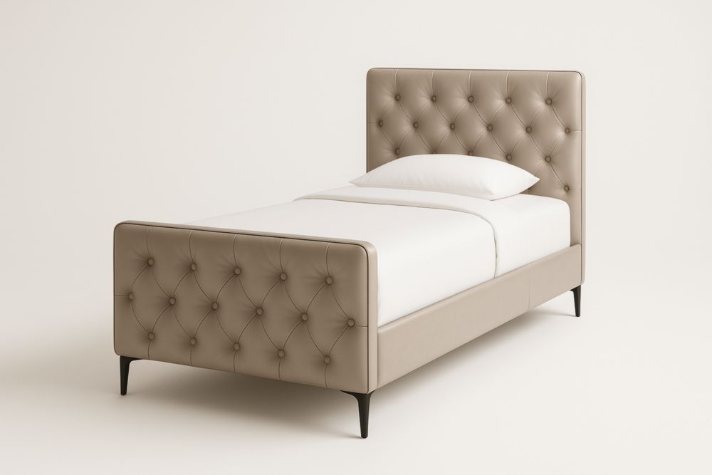 Letto Singolo in Pelle Sintetica Beige con Testiera a Bottoni-Belonirta