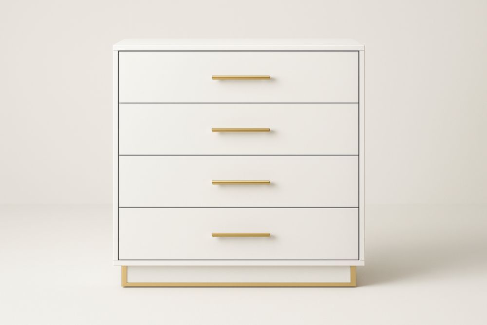 Cassettiera bianca con maniglie in alluminio dorato, 4 cassetti in MDF-Belonirta