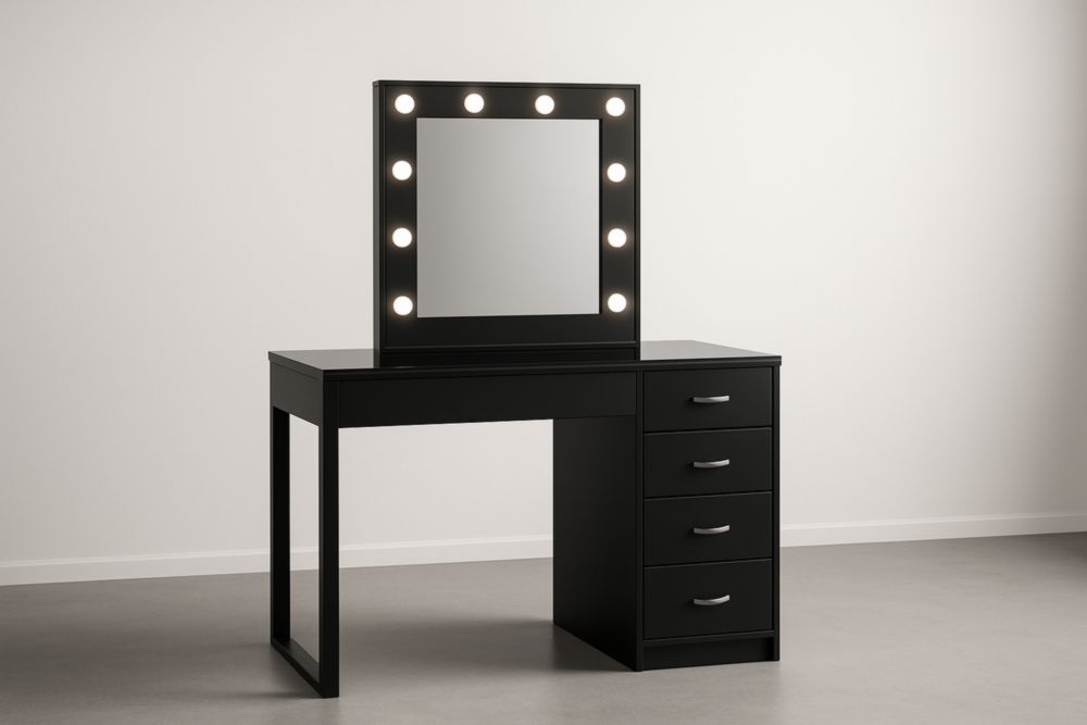 Tavolo Toeletta con Specchio Luminoso e Cassetti in MDF Nero-Belonirta