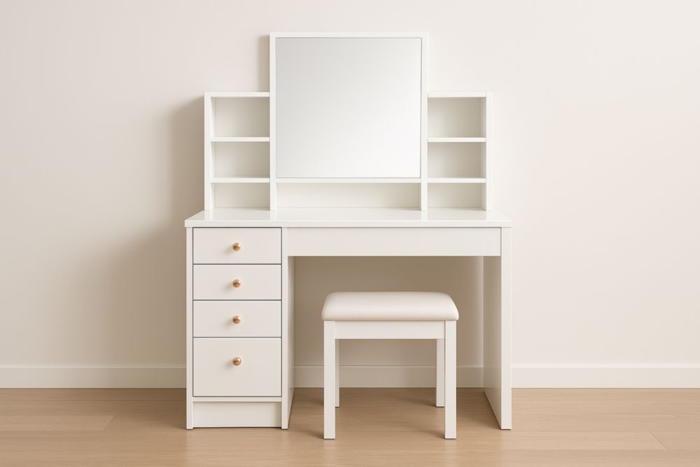 Tavolo da Toeletta in MDF con Specchio e Sgabello Bianco-Belonirta