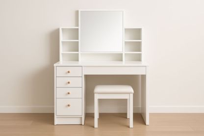 Tavolo da Toeletta in MDF con Specchio e Sgabello Bianco-Belonirta