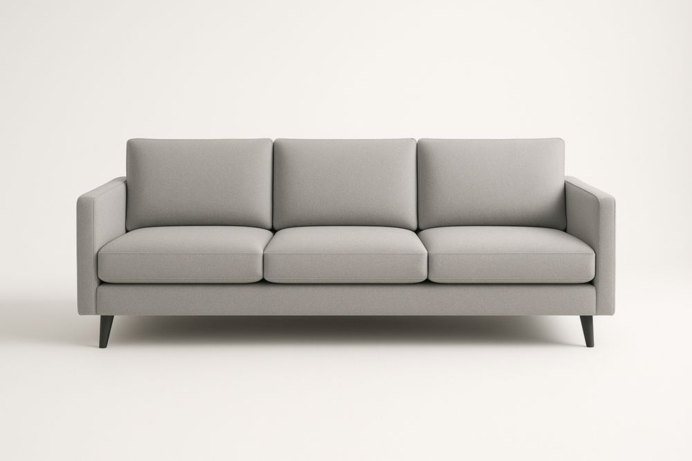 Divano a tre posti in tessuto poliestere grigio con piedi in legno massello-Belonirta