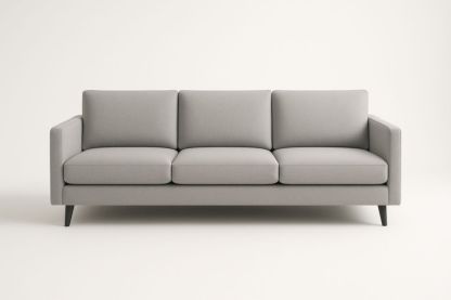 Divano a tre posti in tessuto poliestere grigio con piedi in legno massello-Belonirta