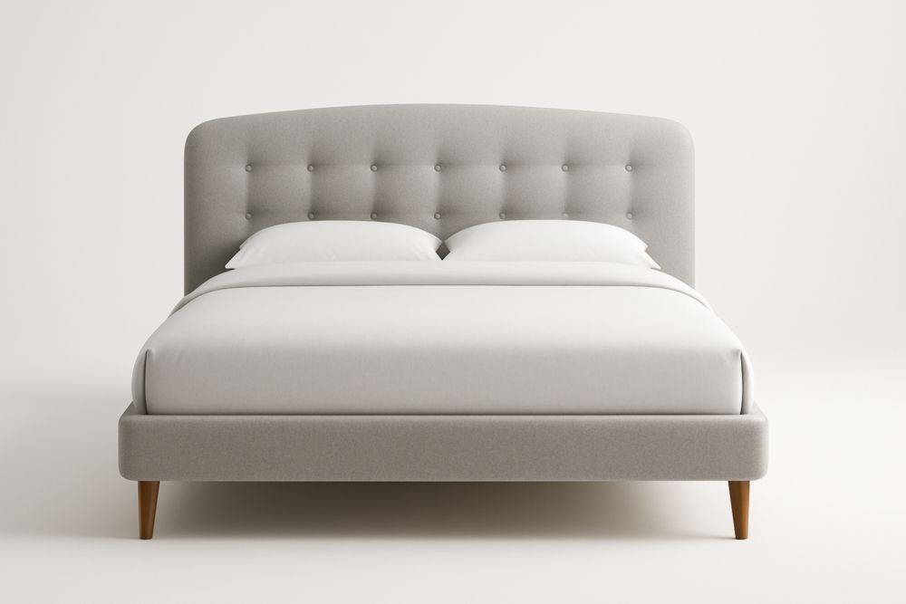 Letto matrimoniale con testiera trapuntata in tessuto e gambe in legno massello ( senza biancheria da letto )-Belonirta