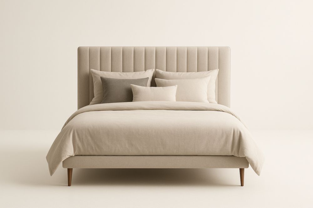 Letto matrimoniale con testiera imbottita in legno massello e tessuto beige-Belonirta