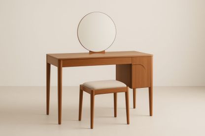 Toletta in legno massello con specchio e sgabello in tessuto beige-Belonirta