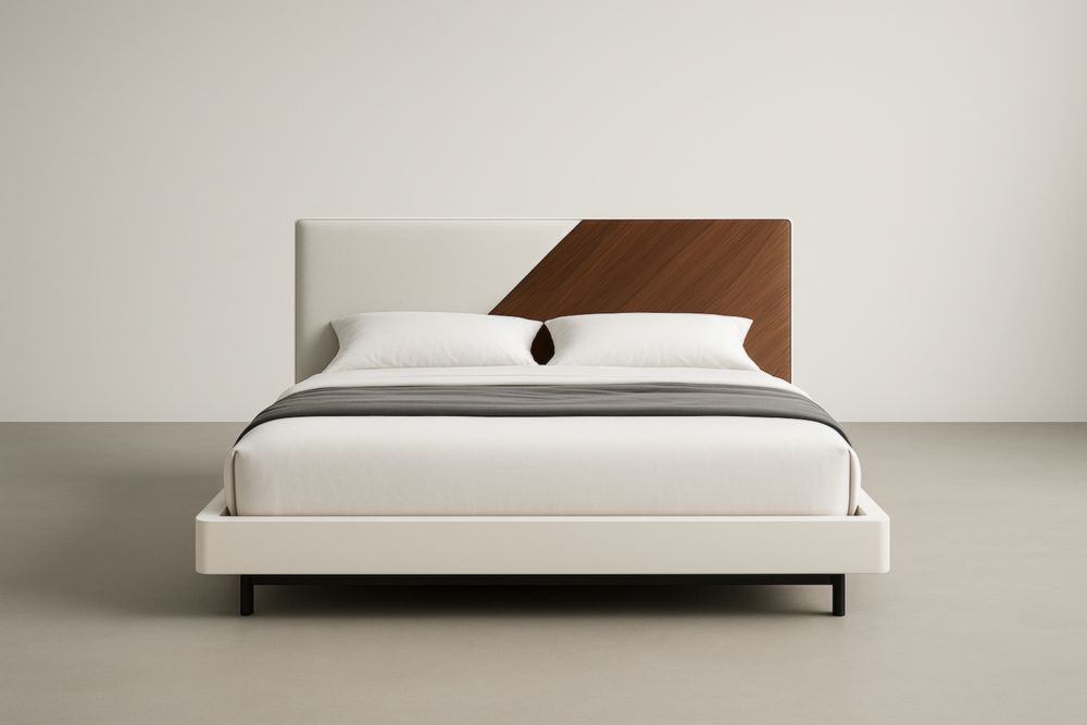 Letto matrimoniale in MDF e tessuto bianco e marrone-Belonirta