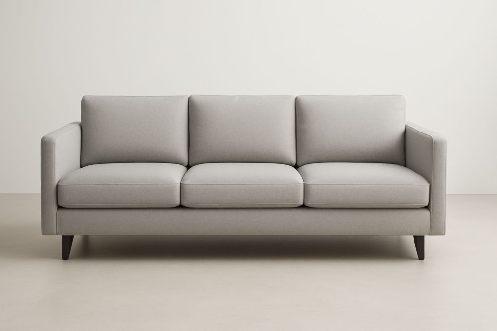 Divano a tre posti in tessuto con gambe in legno massello grigio-Belonirta