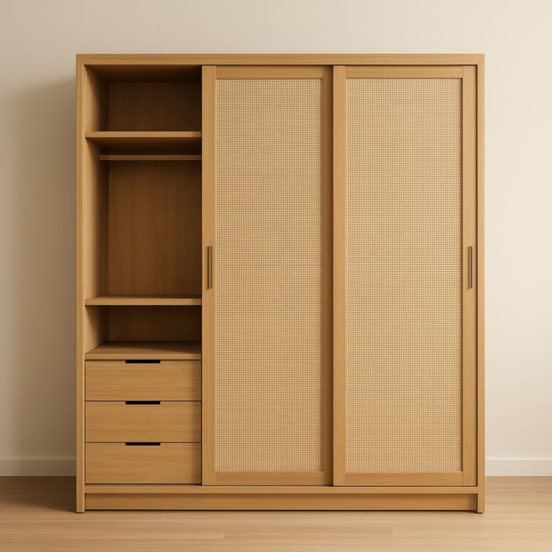 Armadio scorrevole in legno con intreccio in rattan, dimensioni 200x220x60 cm