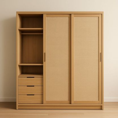 Armadio scorrevole in legno con intreccio in rattan, dimensioni 200x220x60 cm