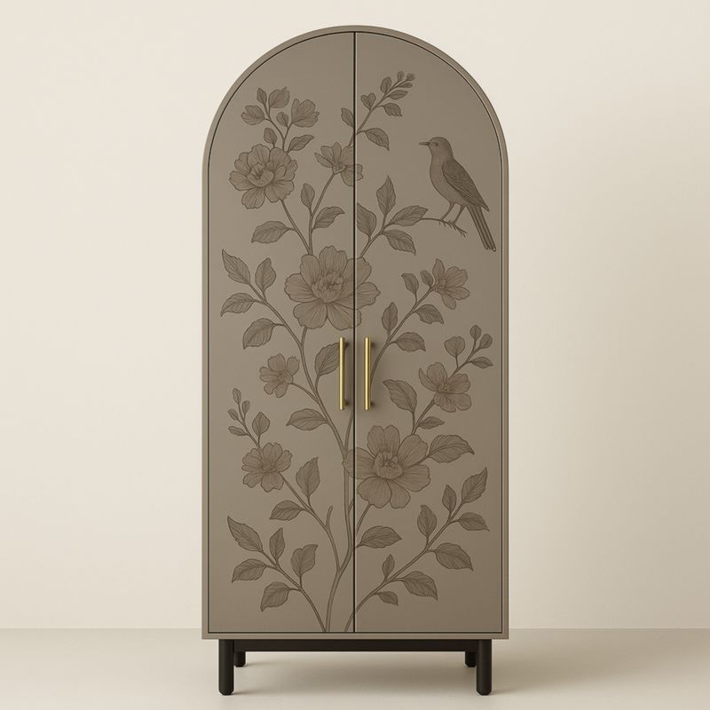 Armadio ad Arco in Legno con Motivo Floreale e Uccello