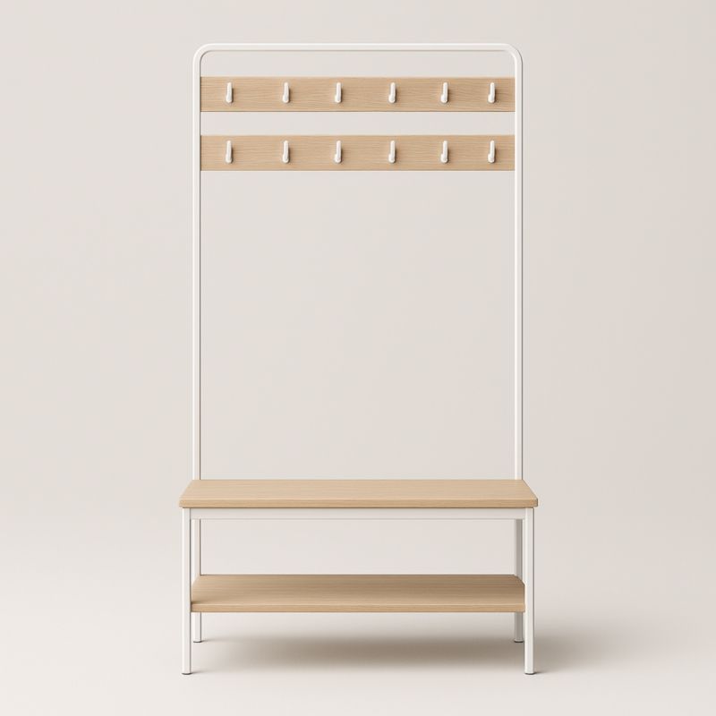 Attaccapanni in metallo e legno bianco con ripiani