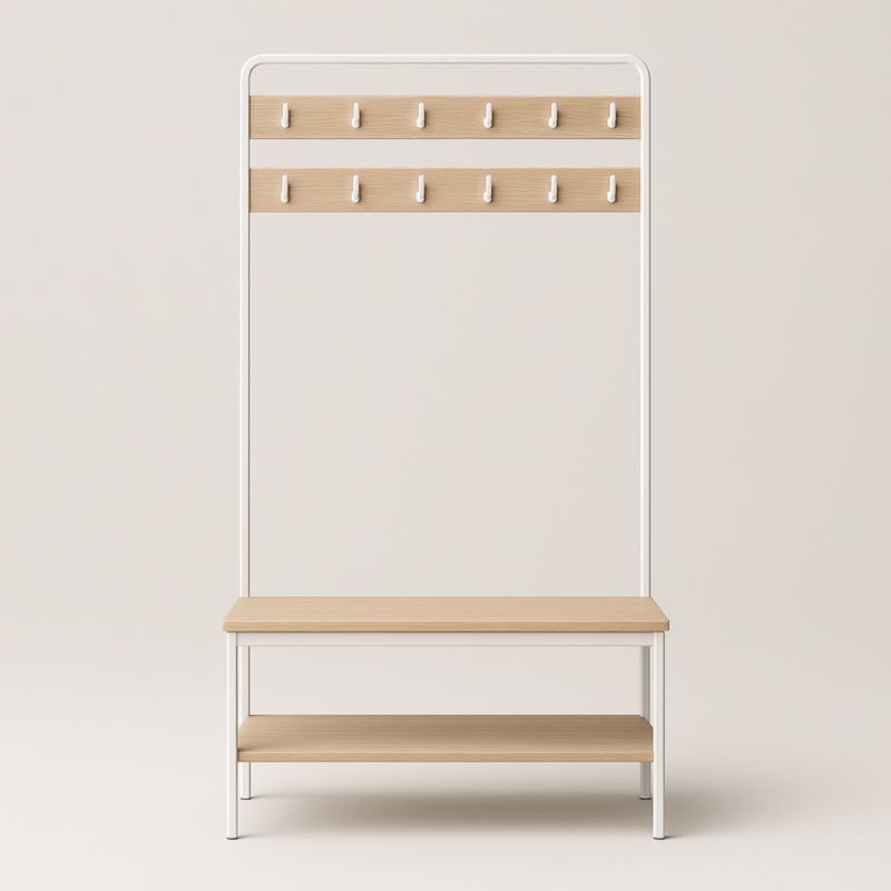 Attaccapanni in metallo e legno bianco con ripiani