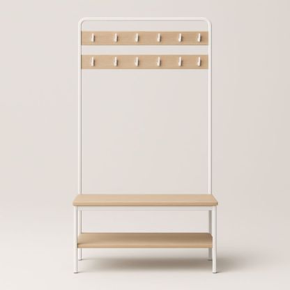 Attaccapanni in metallo e legno bianco con ripiani