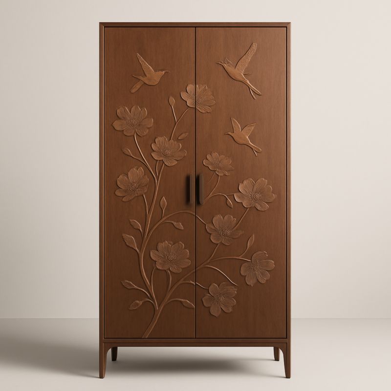 Armadio in Legno con Intagli di Uccelli e Fiori