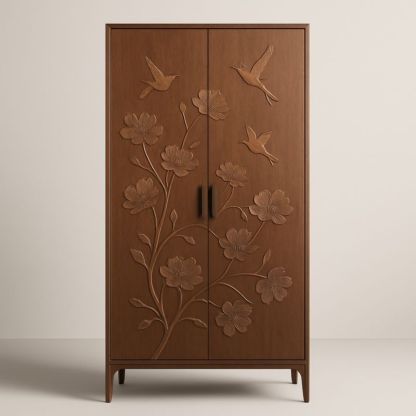 Armadio in Legno con Intagli di Uccelli e Fiori
