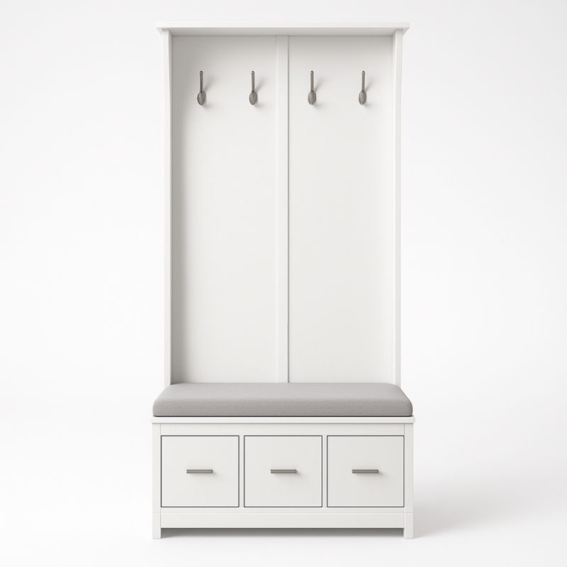 Attaccapanni in MDF bianco con cuscino grigio e ganci