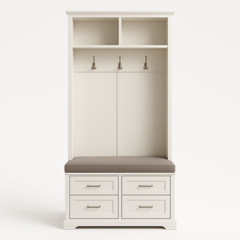 Attaccapanni in legno con ganci e cuscino in tessuto, 2 scomparti e 4 cassetti